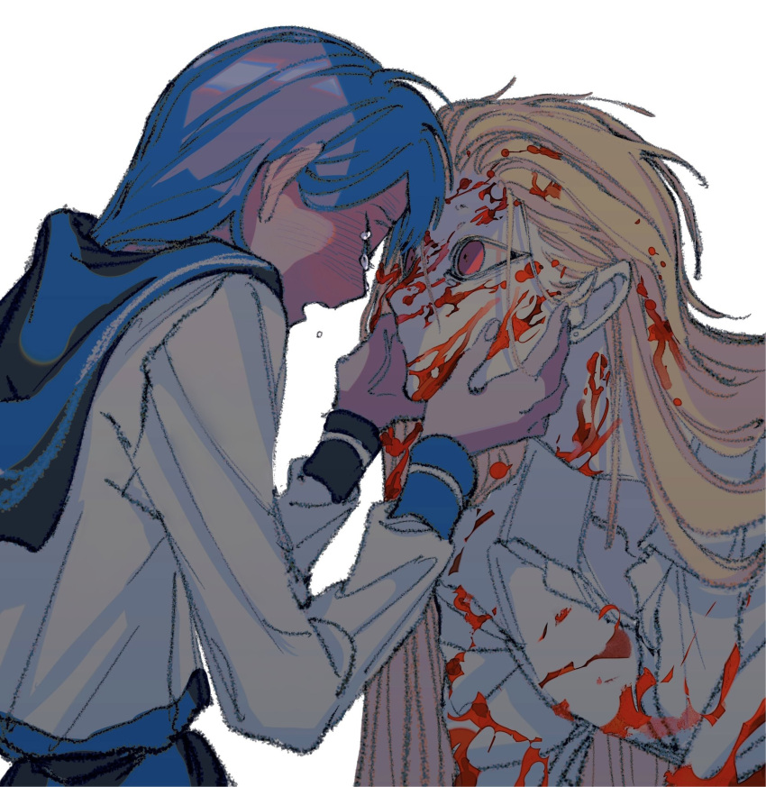 2girls blonde_hair blood blood_in_hair blood_on_clothes blood_on_face blue_hair blue_sailor_collar blue_skirt closed_eyes collared_shirt commentary_request earrings fingernails forehead-to-forehead hand_on_another's_face hands_on_another's_face heads_together highres jewelry long_hair long_sleeves looking_at_another medium_hair multiple_girls naotin3333 open_mouth original red_eyes sailor_collar school_uniform serafuku shirt skirt stud_earrings tears white_shirt