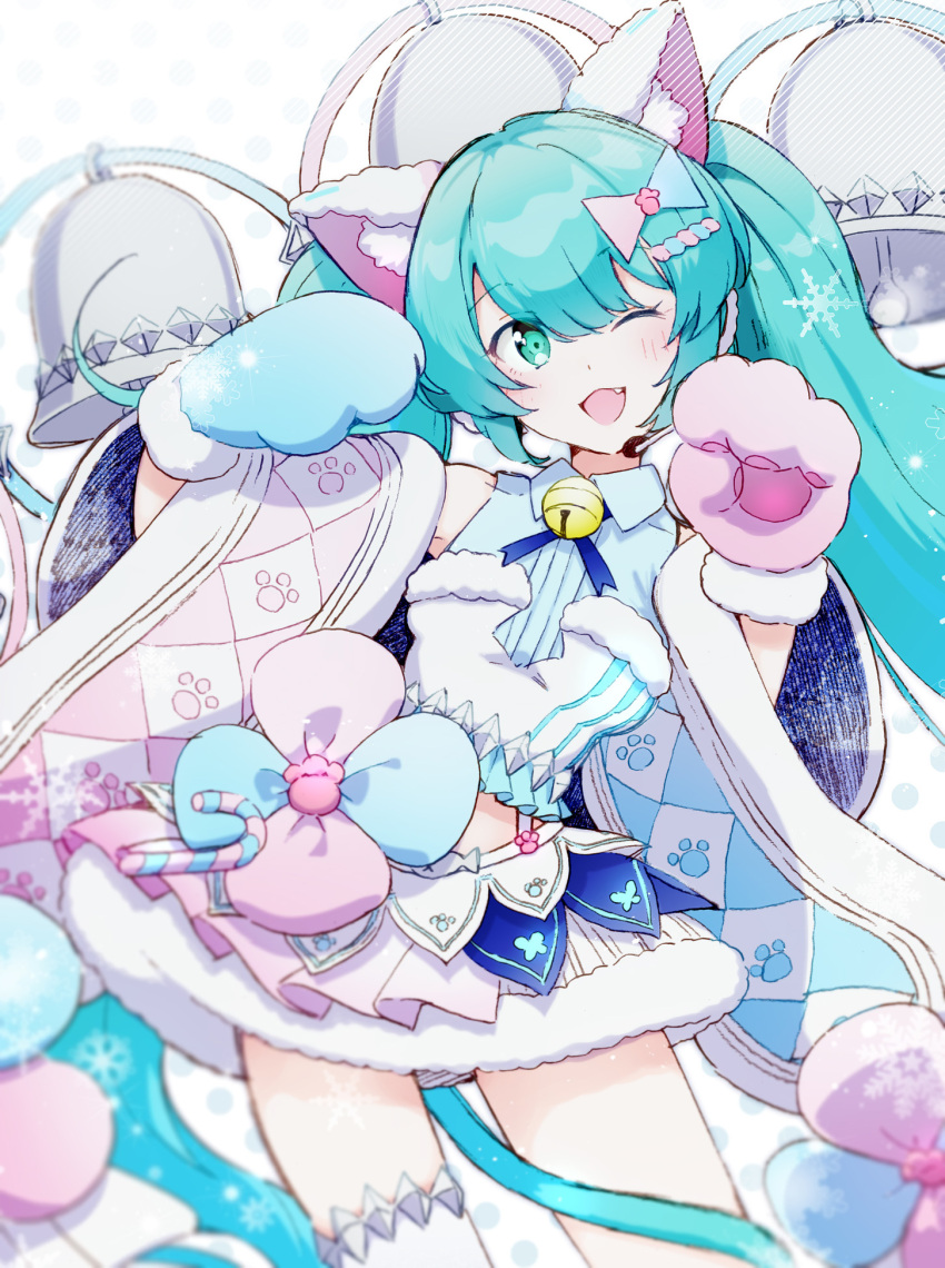 1girl adapted_costume agonasubi animal_ear_fluff animal_ears animal_hands aqua_hair bell candy candy_cane cat_ears commentary_request food gloves green_eyes hatsune_miku highres long_hair long_sleeves looking_at_viewer magical_mirai_(vocaloid) magical_mirai_miku magical_mirai_miku_(2020_winter) neck_bell one_eye_closed open_mouth paw_gloves simple_background single_thighhigh smile solo tail thigh-highs very_long_hair vocaloid white_background wide_sleeves