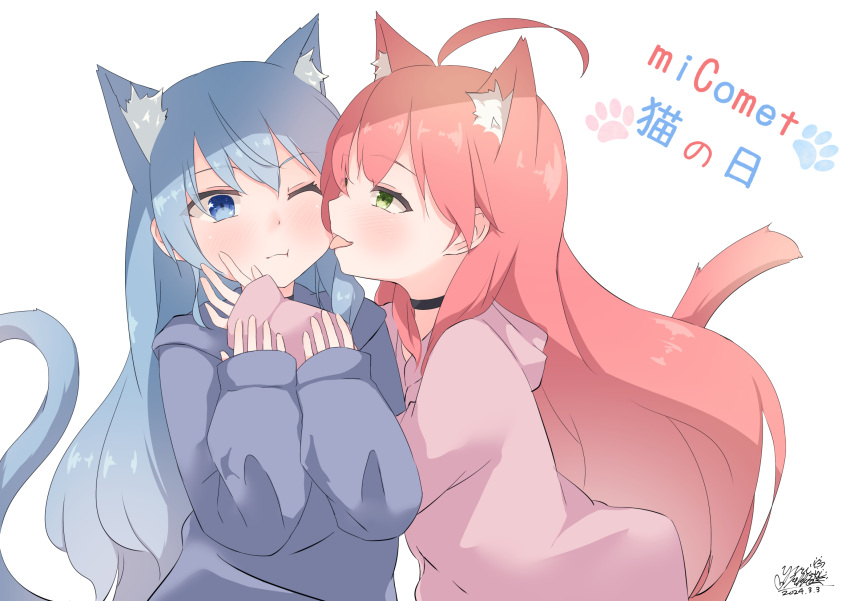 2girls ahoge alternate_costume alternate_hair_length alternate_hairstyle animal_ear_fluff animal_ears black_choker blue_eyes blue_fur blue_hair blue_hoodie cat_day cat_ears cat_girl cat_tail choker closed_mouth commentary_request dated green_eyes hands_up highres hololive hood hood_down hoodie hoshimachi_suisei kemonomimi_mode licking licking_another's_face long_hair looking_at_another multiple_girls one_eye_closed pink_fur pink_hair pink_hoodie sakura_miko signature simple_background sleeves_past_wrists smile star_(symbol) star_in_eye symbol_in_eye tail tongue upper_body very_long_hair virtual_youtuber white_background yuri yuri_pekko