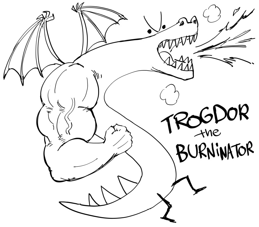 absurdres bb_(baalbuddy) character_name child's_drawing creature dragon english_text fire greyscale highres homestar_runner monochrome muscular no_humans open_mouth tail trogdor_the_burninator wings