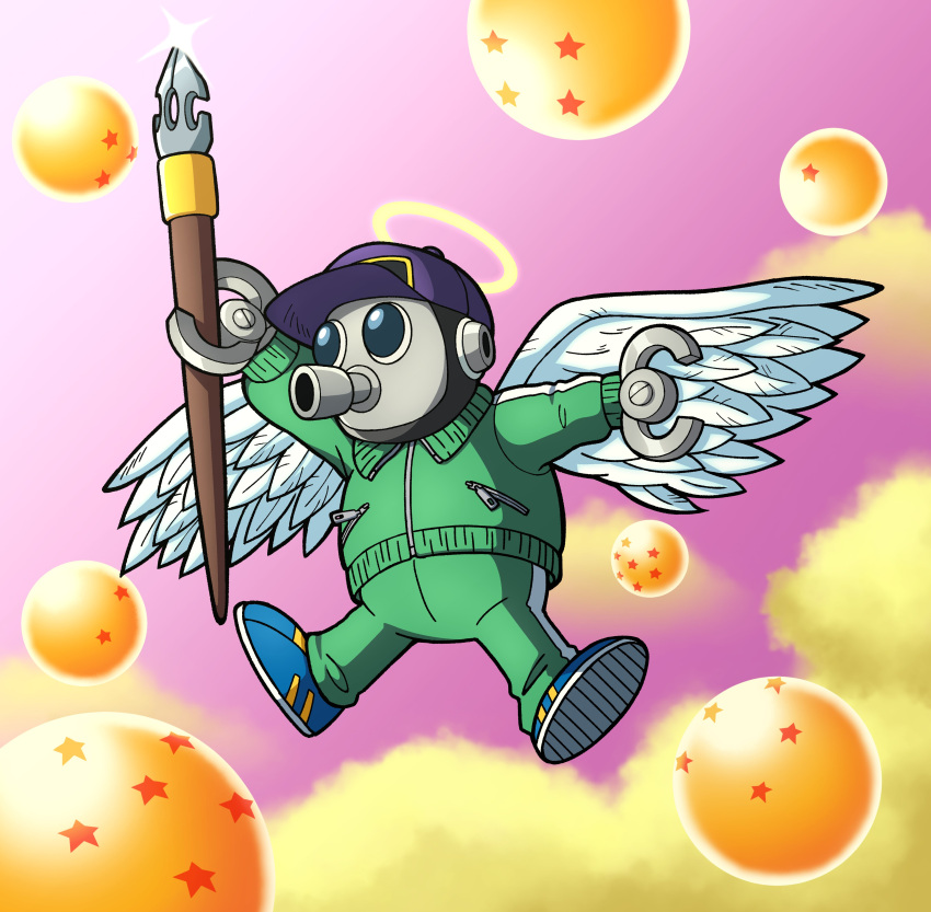1boy absurdres angel_wings clouds diegodoodles dragon_ball dragon_ball_(object) feathered_wings gradient_background green_jacket green_pants green_track_suit halo hat highres holding holding_pen jacket mask oversized_object pants pen purple_background robot toriyama_akira_(character) white_background wings yellow_clouds