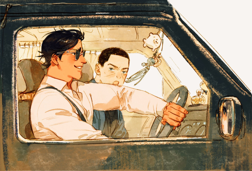 2boys black_eyes black_hair bottle buzz_cut car charm_(object) chengongzi123 collared_shirt dark-skinned_male dark_skin driving english_commentary golden_kamuy green_eyes grin hand_up highres koito_otonoshin long_sleeves looking_at_another looking_at_viewer looking_to_the_side male_focus motor_vehicle multiple_boys open_mouth perfume_bottle shirt short_hair simple_background sitting smile steering_wheel sunglasses suspenders tsukishima_hajime upper_body very_short_hair white_background
