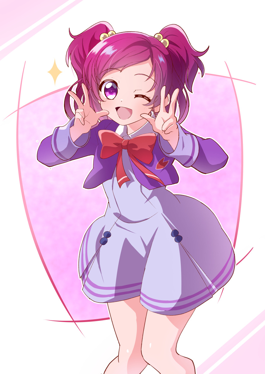 1girl absurdres blue_dress bow bowtie cropped_jacket double_w dress hair_bobbles hair_ornament highres jacket l'ecole_des_cinq_lumieres_school_uniform long_sleeves looking_at_viewer medium_hair one_eye_closed open_mouth pink_hair pleated_dress precure purple_jacket red_bow red_bowtie school_uniform short_dress smile solo sparkle standing tirofinire two_side_up w yes!_precure_5 yumehara_nozomi