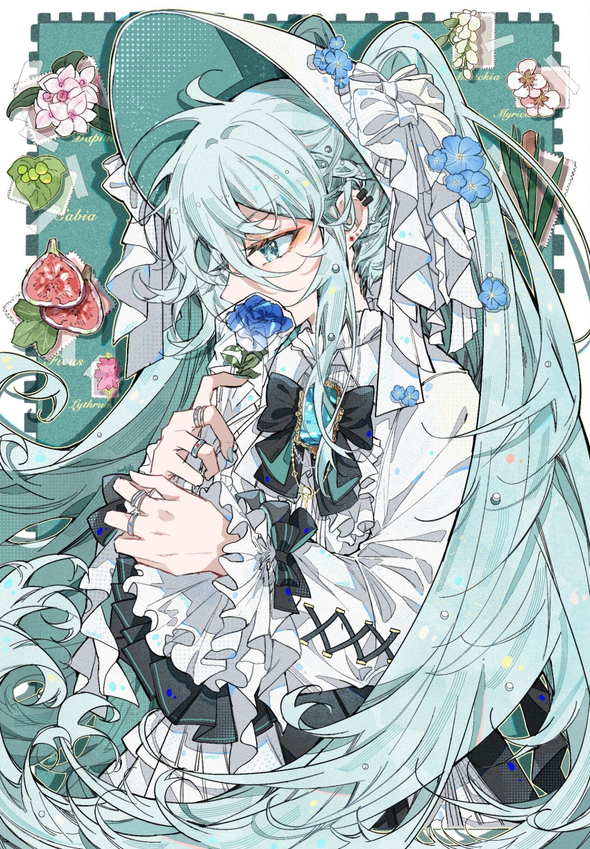 1girl black_bow black_bowtie black_skirt blue_background blue_eyes blue_flower blue_hair blue_nails bonnet border bow bowtie brooch collared_shirt covering_own_mouth flower frilled_skirt frills from_side hair_between_eyes hair_bow hatsune_miku highres holding holding_flower jewelry long_hair long_sleeves multiple_rings nail_polish pleated_skirt profile ring shirt simple_background skirt solo sunfish3939 twintails upper_body very_long_hair vocaloid white_border white_bow white_headwear white_shirt winter_daphne