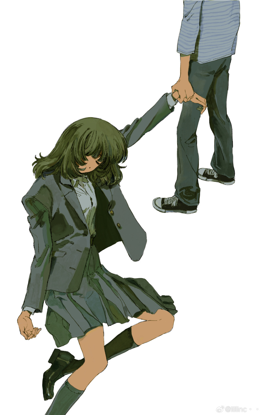 1boy 1girl absurdres black_footwear black_jacket black_pants black_skirt black_sleeves black_thighhighs blazer blue_shirt blue_sleeves boots buttons character_request chinese_commentary closed_eyes collared_shirt commentary_request copyright_request cross-laced_footwear foot_out_of_frame green_hair high-waist_skirt highres holding_another's_wrist jacket kgeroua layered_sleeves long_sleeves lower_body medium_hair medium_skirt open_clothes open_jacket outstretched_arm pants pleated_skirt pocket school_uniform shirt shoes simple_background sitting skirt sneakers striped_clothes striped_shirt striped_sleeves thigh-highs watermark weibo_logo weibo_username white_background white_shirt