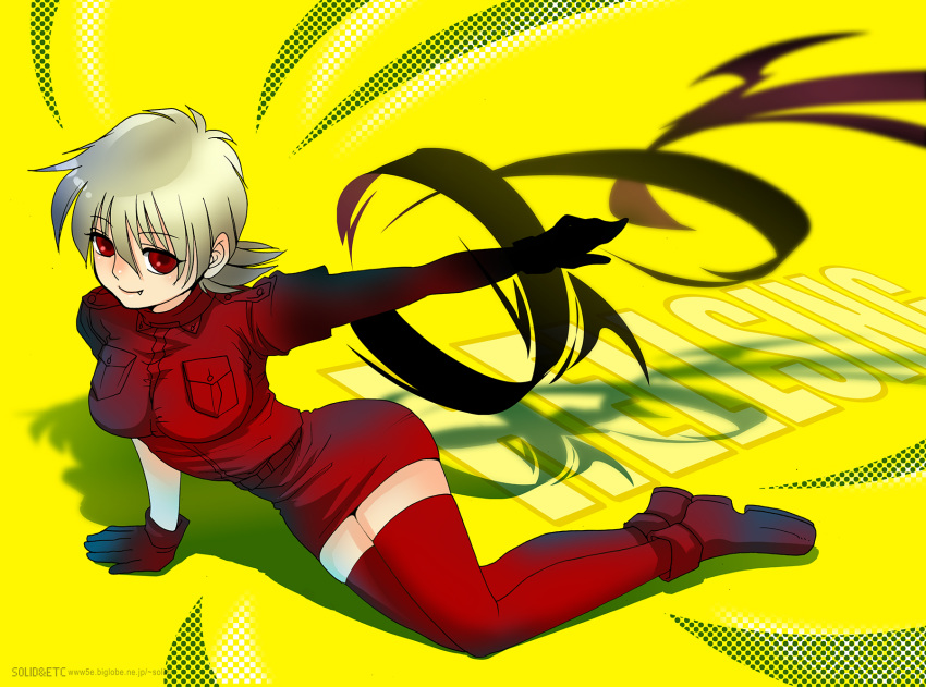 1girl artist_name blonde_hair boots breasts commentary_request copyright_name fang full_body gloves hellsing highres medium_breasts miniskirt outstretched_arm red_eyes red_gloves red_skirt red_thighhighs seras_victoria sitting skirt solo thigh-highs toshimichi_yukari web_address yellow_background yokozuwari zettai_ryouiki
