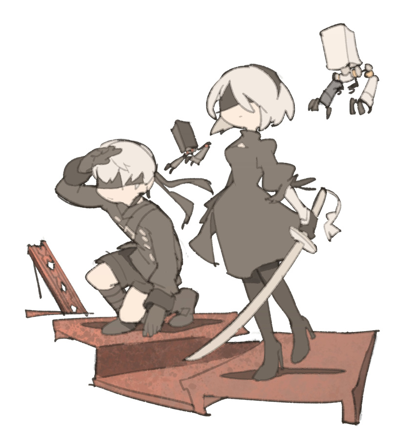 1boy 1girl 2b_(nier:automata) 9s_(nier:automata) black_blindfold black_dress black_gloves black_hairband black_thighhighs blindfold boots breasts clothing_cutout covered_eyes dress gloves hairband highres juliet_sleeves leotard long_sleeves medium_breasts nier nier:automata nier_(series) pod_(nier:automata) puffy_sleeves short_hair shorts solo temmie_chang thigh-highs white_hair