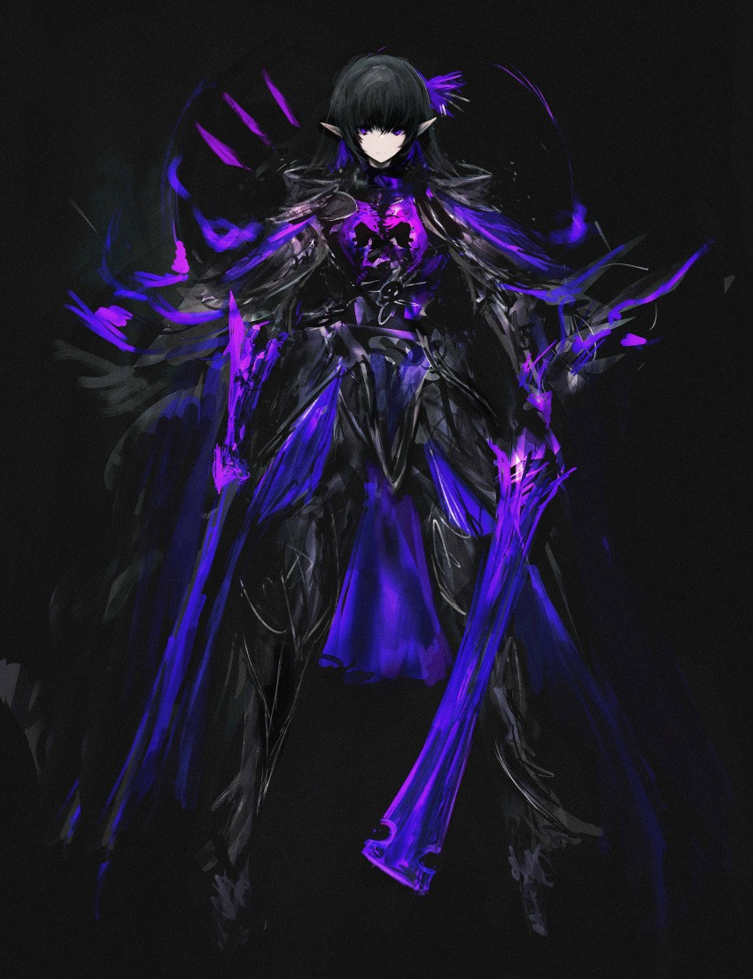 1girl :| absurdres armor black_background black_cloak black_footwear black_hair breastplate cloak closed_mouth expressionless full_body glowing glowing_sword glowing_weapon greaves highres holding holding_sword holding_weapon legs_apart long_hair looking_at_viewer open_cloak open_clothes original pointy_ears shoes sidelocks simple_background solo standing straight-on straight_hair sword tuda6 vambraces violet_eyes weapon
