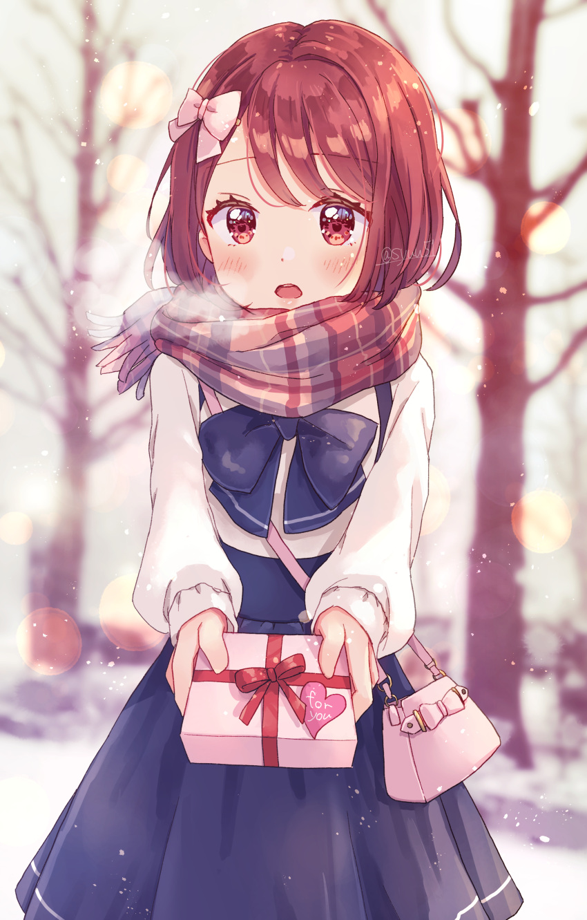 1girl absurdres bag black_bow black_bowtie blue_skirt bob_cut bow bowtie box breath brown_eyes brown_hair brown_scarf carrying casual commentary cowboy_shot day english_text fringe_trim gift gift_box hair_bow hanadera_nodoka handbag healin'_good_precure highres holding holding_gift lens_flare long_sleeves looking_at_viewer open_mouth outdoors plaid plaid_scarf precure scarf shirt short_hair shuu_(mniarnoakou) skirt solo standing suspender_skirt suspenders twitter_username valentine white_bow white_shirt winter