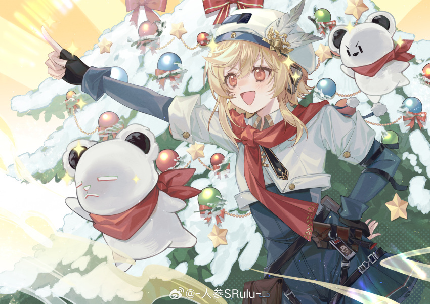 1girl :d absurdres bear belt_pouch beret black_gloves blonde_hair blue_jumpsuit christmas_ornaments christmas_tree cowboy_shot fingerless_gloves girls'_frontline_2:_exilium girls_frontline gloves hand_on_own_hip hat hat_feather highres index_finger_raised jacket jumpsuit layered_sleeves long_sleeves looking_afar medium_hair nagant_revolver_(girls'_frontline) outstretched_arm pointing pointing_up pouch red_eyes red_scarf renshen_srulu scarf short_over_long_sleeves short_sleeves smile solo sparkle weibo_logo weibo_username white_headwear white_jacket yellow_background