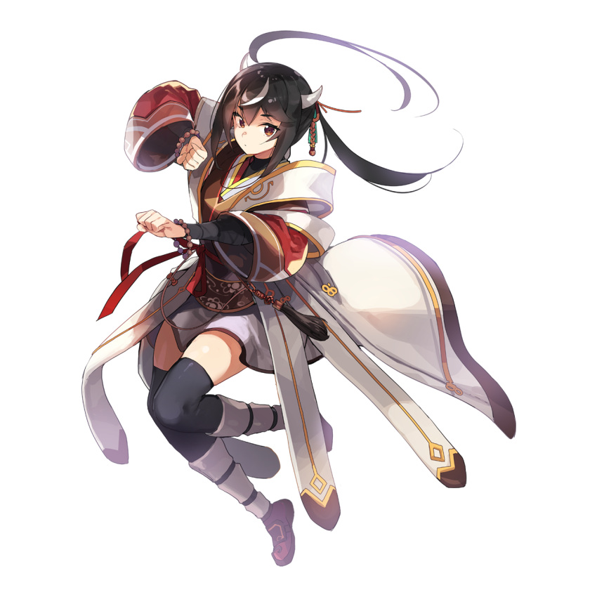 1girl arm_wrap bead_bracelet beads black_hair black_thighhighs bracelet breasts brown_eyes brown_footwear brown_shirt clenched_hands closed_mouth coat expressionless fighting_stance full_body grey_horns grey_skirt highres horns jewelry leona_(pixiv) long_hair long_sleeves looking_at_viewer official_art open_clothes open_coat ragnarok_online shin_guards shirt simple_background skirt sky_emperor_(ragnarok_online) small_breasts solo tachi-e tassel thigh-highs transparent_background white_coat