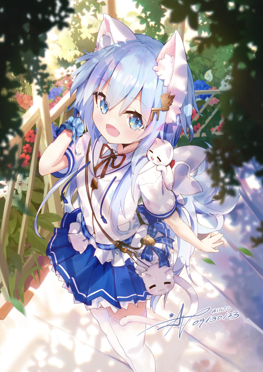 1girl :d animal_ear_fluff animal_ears animal_on_shoulder ap04astral arm_behind_head arm_garter bag blue_eyes blue_hair blue_skirt cat cat_ears cat_girl cat_tail collared_shirt dated fang fence highres hood hoodie key_hair_ornament long_hair mint_(uchi_no_pet_jijou) neck_ribbon outdoors pleated_skirt red_ribbon ribbon shirt short_sleeves shoulder_bag signature skirt smile stairs star_(symbol) star_in_eye symbol_in_eye tail thigh-highs two-tone_skirt uchi_no_pet_jijou white_cat white_hoodie white_shirt white_tail white_thighhighs white_wings wings wooden_fence