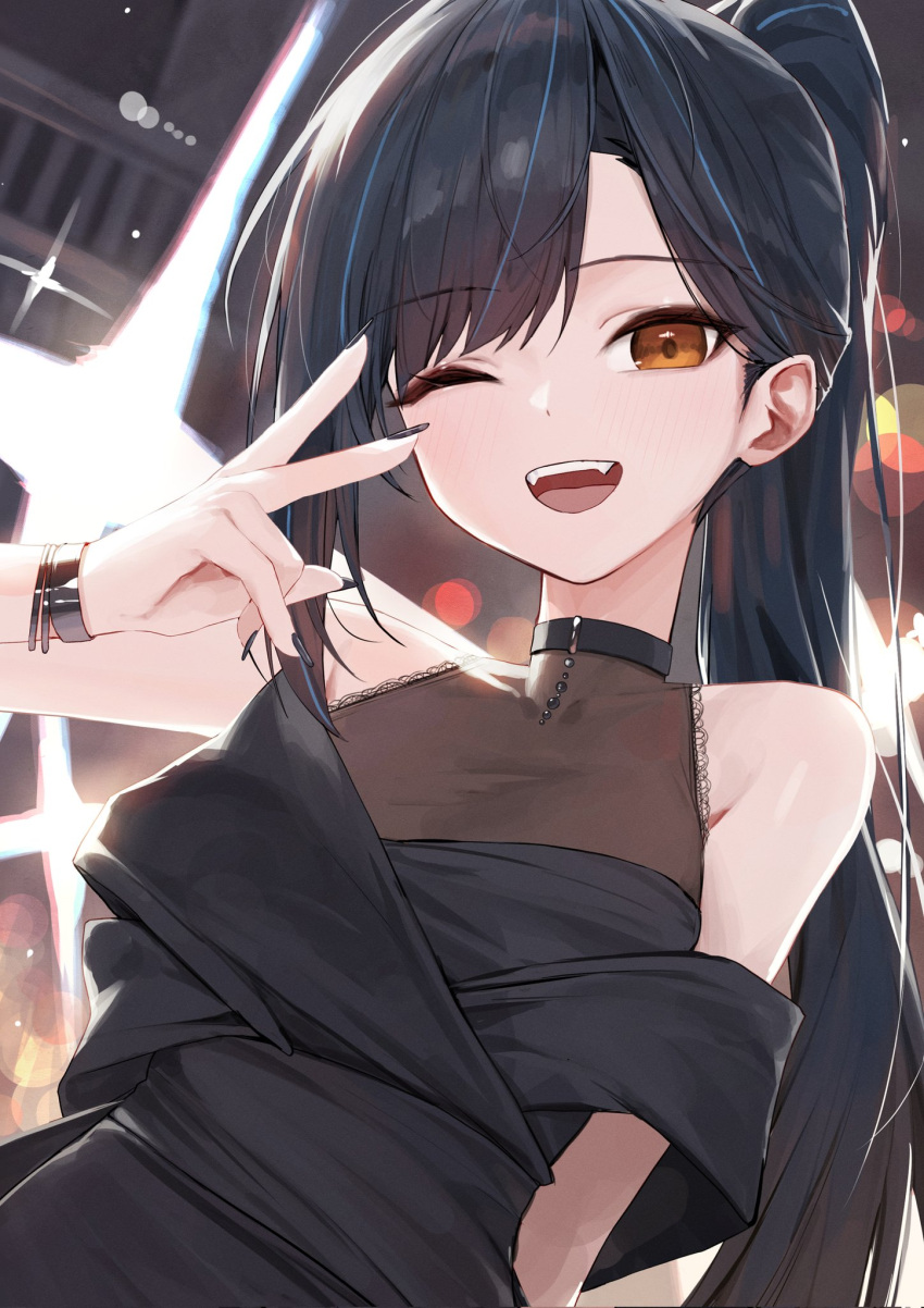 1girl :d arm_at_side bare_shoulders black_bodysuit black_choker black_dress black_hair black_nails blue_hair blush bodysuit bracelet choker covered_collarbone dress dutch_angle gnns hand_up high_ponytail highres jewelry long_hair looking_at_viewer multicolored_hair nail_polish one_eye_closed open_mouth orange_eyes original parted_bangs sidelocks smile solo strapless strapless_dress streaked_hair teeth upper_body upper_teeth_only v_over_eye