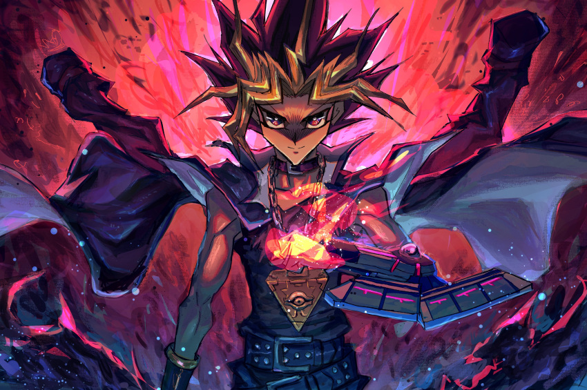 1boy absurdres belt black_hair blonde_hair clenched_hand duel_disk fire highres jacket jacket_on_shoulders looking_at_viewer millennium_puzzle multicolored_hair open_clothes open_jacket purple_hair red_background shirt sleeveless sleeveless_shirt smile sonic1nstinct spiky_hair upper_body yami_yuugi yu-gi-oh! yu-gi-oh!_duel_monsters yu-gi-oh!_the_dark_side_of_dimensions
