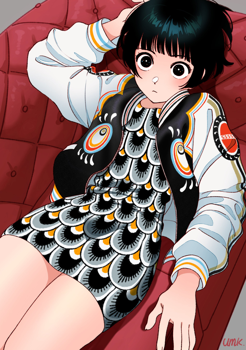 1girl :&lt; absurdres arm_up artist_name black_eyes black_hair blunt_bangs couch dress highres jacket letterman_jacket looking_at_viewer lying on_back open_clothes open_jacket original peacock_print protected_link short_dress short_hair solo umk30510