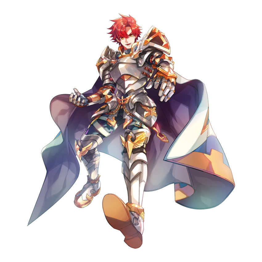1boy armor armored_boots blue_cape boots breastplate cape cross faulds full_body gauntlets hair_between_eyes highres imperial_guard_(ragnarok_online) kicking leg_armor leona_(pixiv) looking_at_viewer male_focus medium_bangs official_art open_mouth parted_bangs pauldrons ragnarok_online redhead short_hair shoulder_armor simple_background solo tachi-e transparent_background v-shaped_eyebrows yellow_eyes