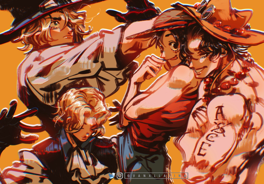 3boys arm_tattoo ascot black_gloves black_hair blonde_hair blue_shirt blue_shorts closed_eyes coat collared_shirt english_commentary freckles gloves hat highres instagram_username jewelry looking_ahead looking_at_viewer male_focus monkey_d._luffy multiple_boys multiple_views necklace one_piece orange_background orange_headwear portgas_d._ace red_shirt sabo_(one_piece) scar scar_on_face shirt short_hair shorts simple_background sleeves_rolled_up smile straw_hat tattoo tongue tongue_out topless_male twitter_username vanxllavina white_ascot white_shirt