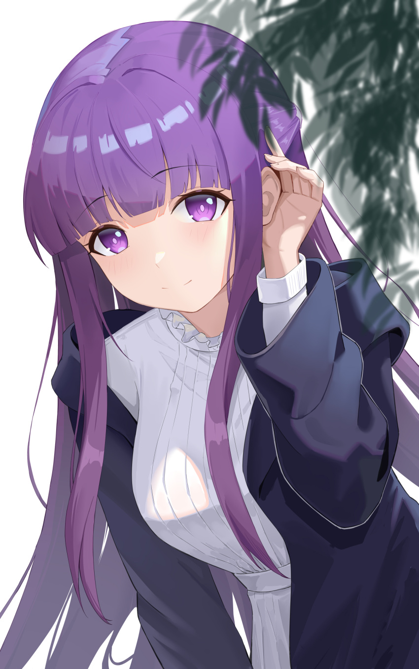 1girl absurdres black_robe blunt_bangs dress fern_(sousou_no_frieren) highres huahu_(unstoppable) long_hair long_sleeves looking_at_viewer open_clothes open_robe purple_hair robe smile solo sousou_no_frieren straight_hair violet_eyes white_dress