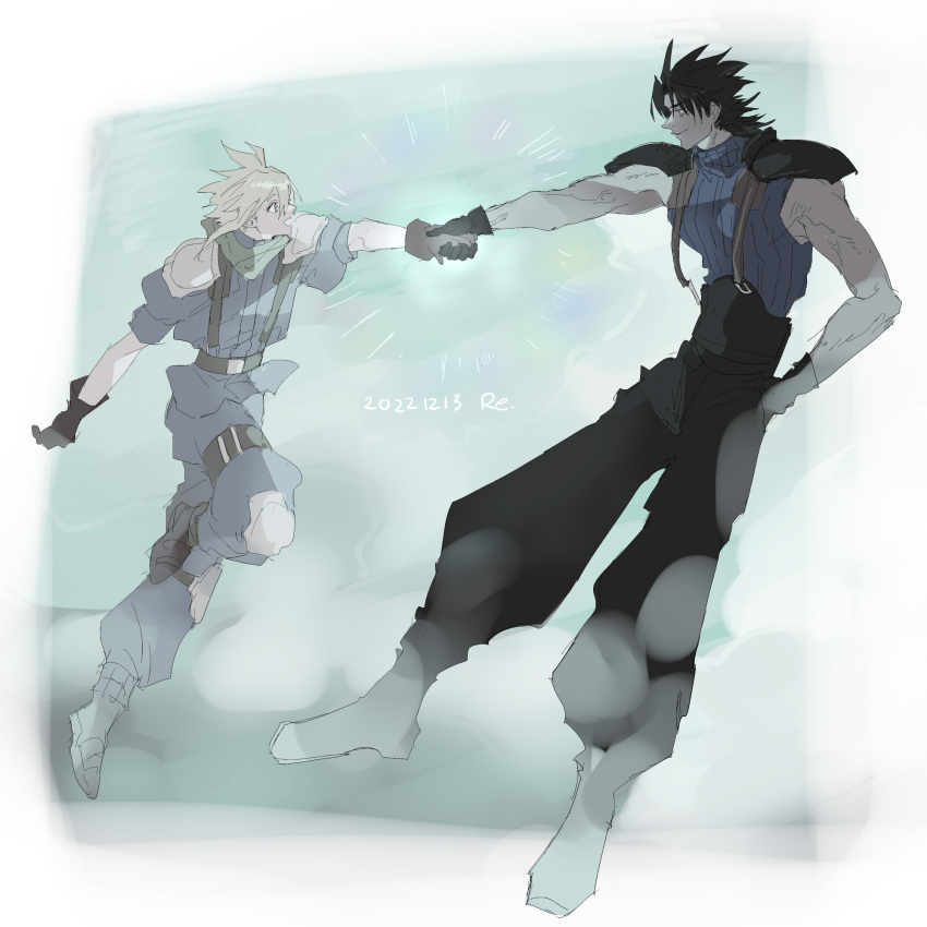 2boys abstract_background armor belt black_belt black_gloves black_hair black_pants blonde_hair blue_background blue_eyes blue_pants blue_shirt blue_sweater blue_theme boots cloud_strife commentary crisis_core_final_fantasy_vii dated final_fantasy final_fantasy_vii foot_up from_side full_body gloves green_scarf hand_in_pocket happy highres holding_hands jumping knee_pads long_hair looking_at_another male_focus multiple_boys muscular muscular_male open_mouth pants pauldrons puffy_pants puffy_short_sleeves puffy_sleeves scarf shinra_infantry_uniform shirt short_hair short_sleeves shoulder_armor sleeveless sleeveless_sweater sleeveless_turtleneck smile spiky_hair suspenders sweater thigh_strap turtleneck turtleneck_sweater zack_fair zc_furuya