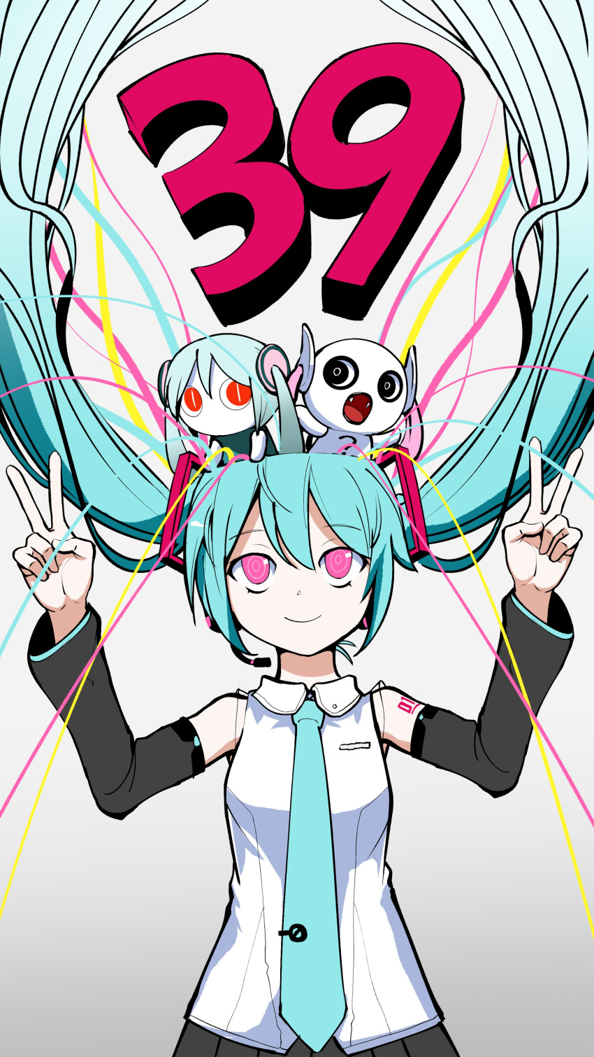 39 3girls absurdres aimaina aqua_hair bright_pupils closed_mouth commentary detached_sleeves double_v doushite-chan floating_hair hatsune_miku highres long_hair looking_up making-of_available miku_day multiple_girls no_mouth open_mouth party_popper pink_eyes pinocchio-p ringed_eyes sitting sitting_on_head sitting_on_person slit_pupils smile twintails upper_body v very_long_hair vocaloid white_pupils