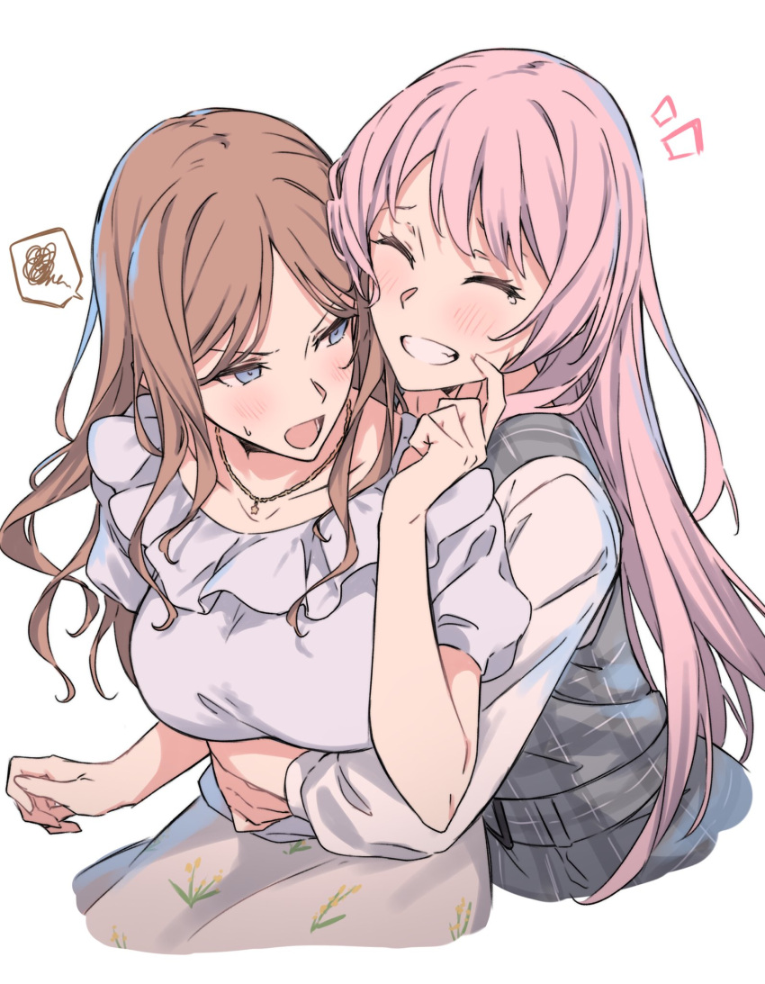 2girls :d ^_^ angry bang_dream! bang_dream!_it's_mygo!!!!! blue_eyes blue_shirt blush breasts brown_hair buckle chihaya_anon closed_eyes collarbone dress frilled_shirt_collar frills highres hug hug_from_behind jewelry long_hair long_sleeves multiple_girls nagasaki_soyo necklace parted_bangs pinafore_dress pink_hair plaid plaid_dress pleated_shirt pleated_skirt puffy_short_sleeves puffy_sleeves shirt shirt_tucked_in short_sleeves simple_background skirt sleeveless sleeveless_dress smile sou_(user_hgyh8775) white_background white_shirt yuri