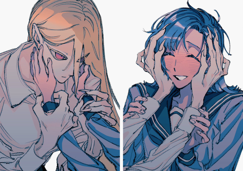 2girls black_sailor_collar blonde_hair blue_hair blue_shirt blush closed_eyes closed_mouth collared_shirt commentary_request fingernails hands_on_another's_face hands_on_another's_wrists highres long_fingernails long_hair long_sleeves looking_at_another medium_hair multiple_girls naotin3333 open_mouth original red_eyes sailor_collar school_uniform serafuku sharp_fingernails shirt simple_background smile upper_body white_background white_shirt yuri