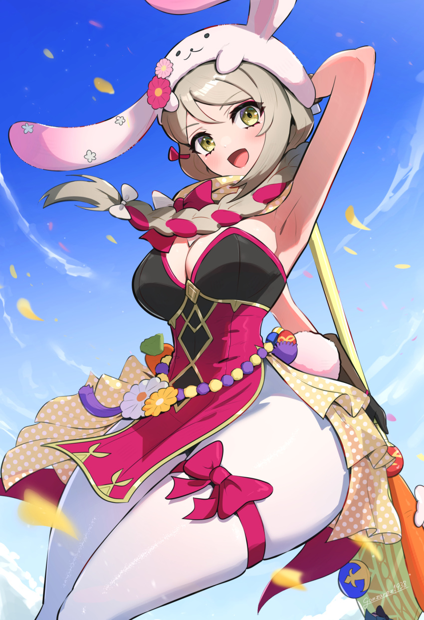 1girl absurdres animal_ears animal_hat ankle_ribbon anklet armpits axe bare_arms blue_sky blush braid braided_ponytail breasts brown_eyes brown_hair carrot easter easter_egg egg falling_petals fire_emblem fire_emblem_engage fire_emblem_heroes flower_ornament framme_(fire_emblem) framme_(spring)_(fire_emblem) gonzarez hat highres holding holding_axe jewelry leg_ribbon looking_at_viewer open_mouth pantyhose petals rabbit_ears rabbit_hat rabbit_tail ribbon sky smile solo tail white_pantyhose