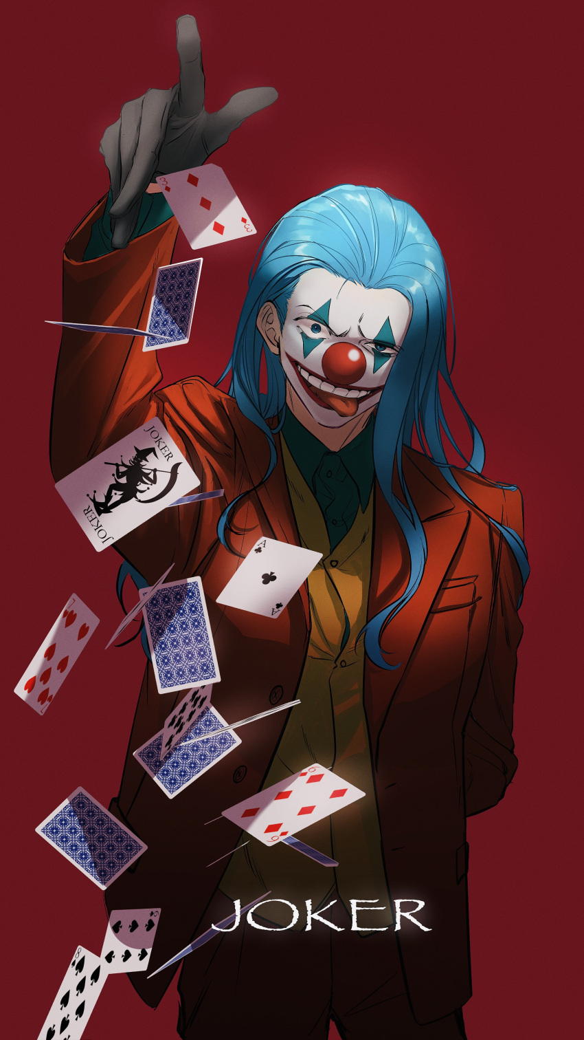 1boy absurdres arm_behind_back batman_(series) black_gloves blue_eyes blue_hair buggy_the_clown card collared_shirt cosplay cowboy_shot dc_comics english_commentary floating_card gloves hair_slicked_back highres joker_(dc) joker_(dc)_(cosplay) light_blue_hair long_hair looking_at_viewer makeup male_focus one_piece pants red_background red_lips red_nose rokurnshu003 shirt smile solo suit tongue tongue_out waistcoat