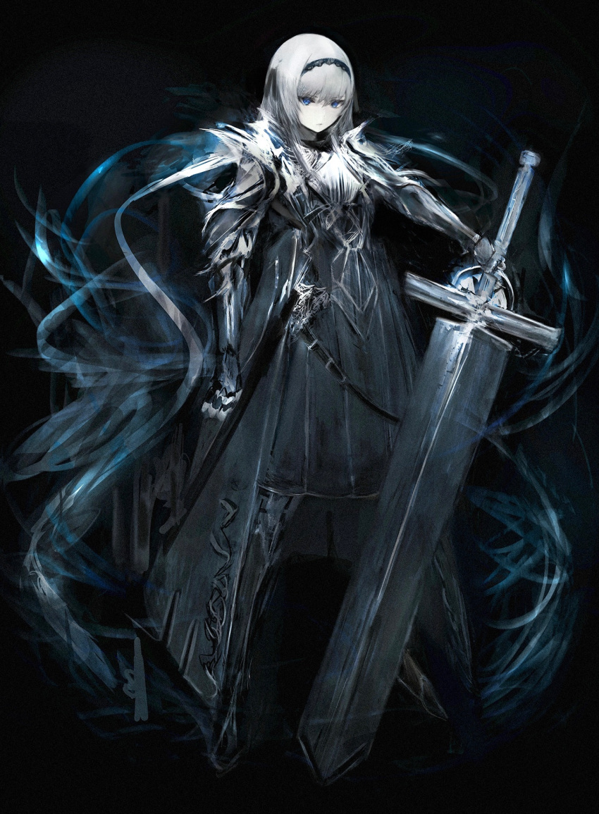 1girl arm_at_side armor black_hairband blue_eyes breastplate closed_mouth coat expressionless full_body greatsword greaves grey_coat grey_skirt hair_between_eyes hairband highres holding holding_sword holding_weapon legs_apart long_bangs long_hair looking_at_viewer open_clothes open_coat original planted planted_sword pleated_skirt sabaton sidelocks skirt solo straight_hair sword tuda6 vambraces weapon white_hair