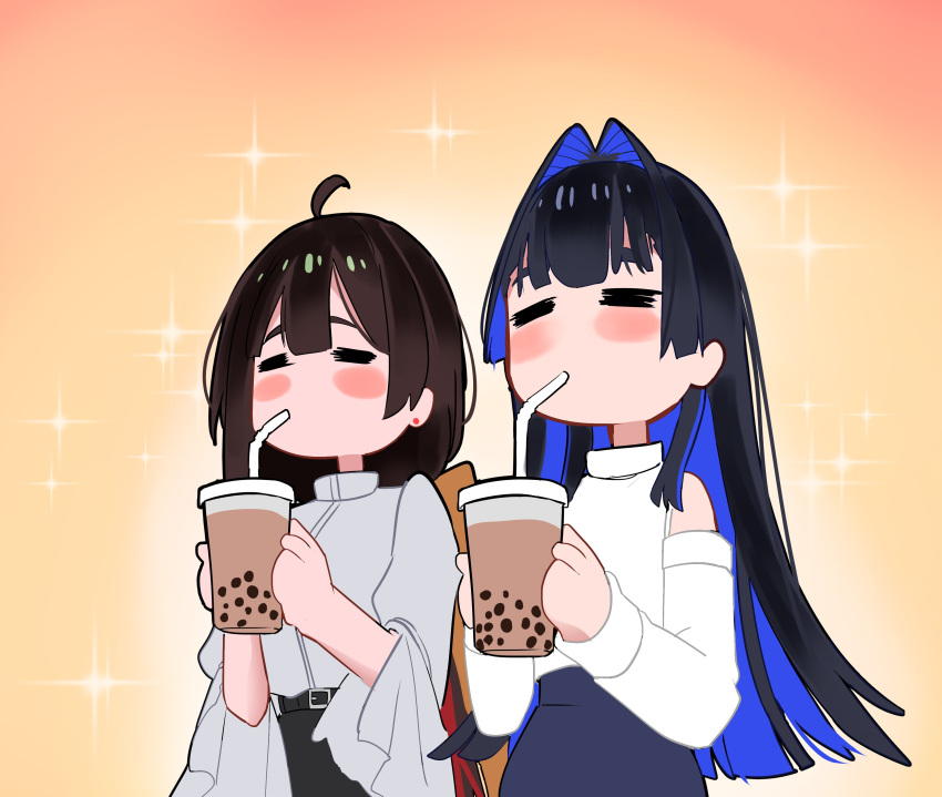 2girls =_= absurdres ahoge belt black_belt black_hair blue_hair blue_skirt blunt_bangs blunt_ends blush_stickers bubble_tea center-flap_bangs character_request closed_eyes clothing_cutout colored_inner_hair commentary cowboy_shot cup detached_sleeves disposable_cup drink drinking drinking_straw english_commentary gradient_background hair_intakes hands_up highres hime_cut holding holding_cup holding_drink hololive koizumi_arata long_hair long_sleeves multicolored_hair multiple_girls official_alternate_costume official_alternate_hair_length official_alternate_hairstyle orange_background ouro_kronii ouro_kronii_(casual) shirt shoulder_cutout sidelocks simple_background skirt sleeveless sleeveless_turtleneck standing tea turtleneck very_long_hair virtual_youtuber white_shirt white_sleeves yellow_background