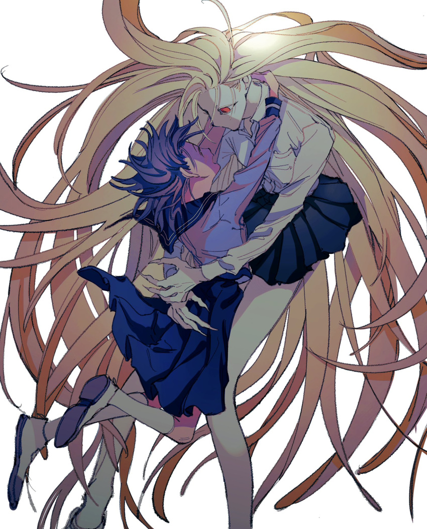 2girls absurdly_long_hair arms_around_neck bare_legs black_skirt blonde_hair blue_hair blue_sailor_collar blue_serafuku blue_shirt blue_skirt closed_eyes collared_shirt commentary_request fingernails floating_hair height_difference highres kneehighs long_fingernails long_hair long_sleeves looking_at_another medium_hair midair multiple_girls naotin3333 open_mouth original pleated_skirt red_eyes sailor_collar school_uniform serafuku sharp_fingernails shirt simple_background skirt smile socks very_long_hair white_background white_shirt white_socks yuri
