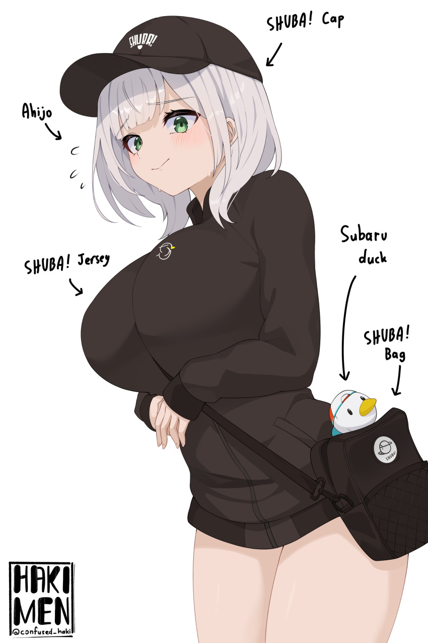 1girl absurdres artist_name black_bag black_headwear black_jacket blush breasts commentary english_commentary english_text flying_sweatdrops green_eyes grey_hair hakimen highres hololive huge_breasts jacket looking_at_viewer shirogane_noel short_hair solo subaru_duck thighs virtual_youtuber white_background