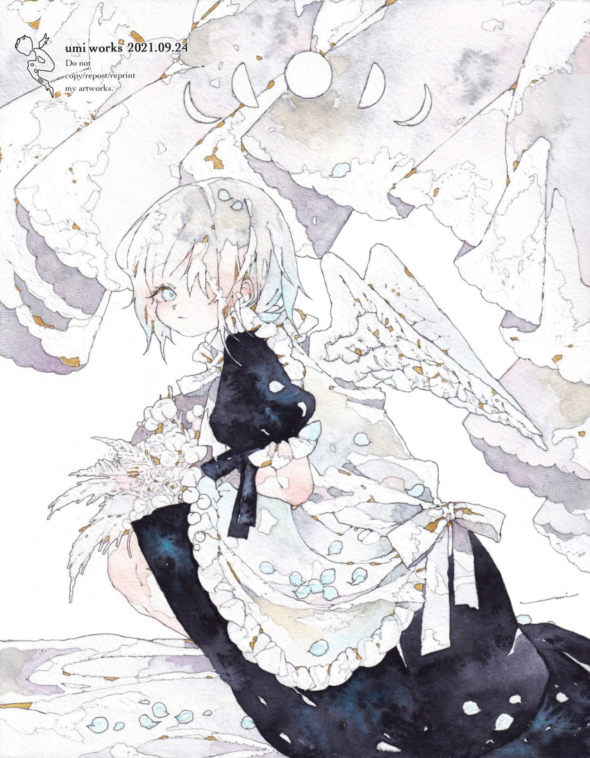 1girl 2021 angel_wings apron artist_logo artist_name black_dress blue_eyes bouquet closed_mouth curtains dated dress english_text feathered_wings flower frills hair_over_one_eye highres holding holding_flower looking_at_viewer maid maid_apron moon_phases original painting_(medium) petals puffy_short_sleeves puffy_sleeves short_hair short_sleeves solo squatting traditional_media umi_cryblue watercolor_(medium) white_apron white_background white_flower white_hair white_wings wings