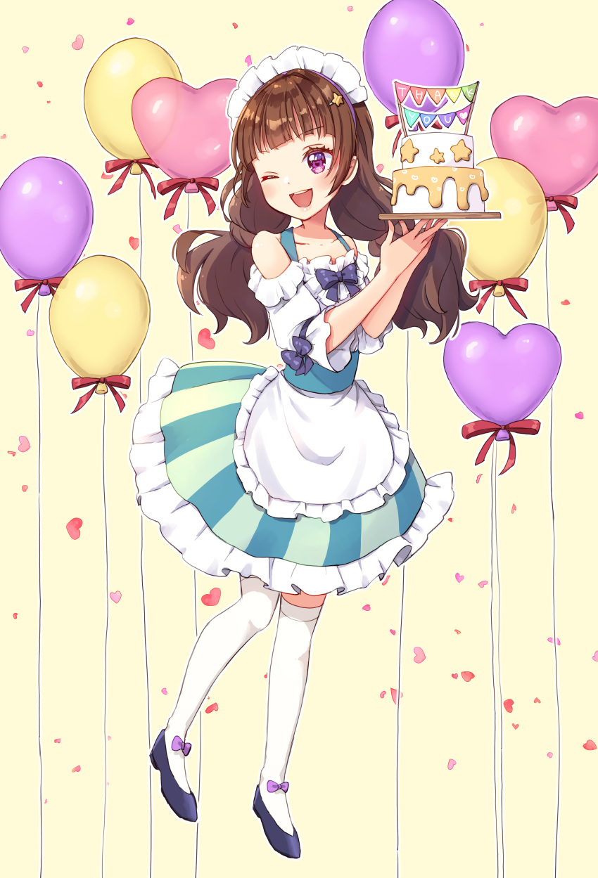 1girl absurdres alternate_costume amanogawa_kirara apron balloon blue_dress blunt_bangs blush brown_hair cake clothing_cutout commentary dress food frilled_dress frills full-face_blush go!_princess_precure hat_ornament heart heart_balloon highres holding holding_tray looking_to_the_side low_twintails maid_headdress open_mouth pinafore_dress precure shirt short_dress short_sleeves shoulder_cutout shuu_(mniarnoakou) sleeveless sleeveless_dress smile solo standing star_(symbol) star_hat_ornament string_of_flags textless_version thank_you thigh-highs tray twintails violet_eyes waist_apron waitress white_shirt white_thighhighs