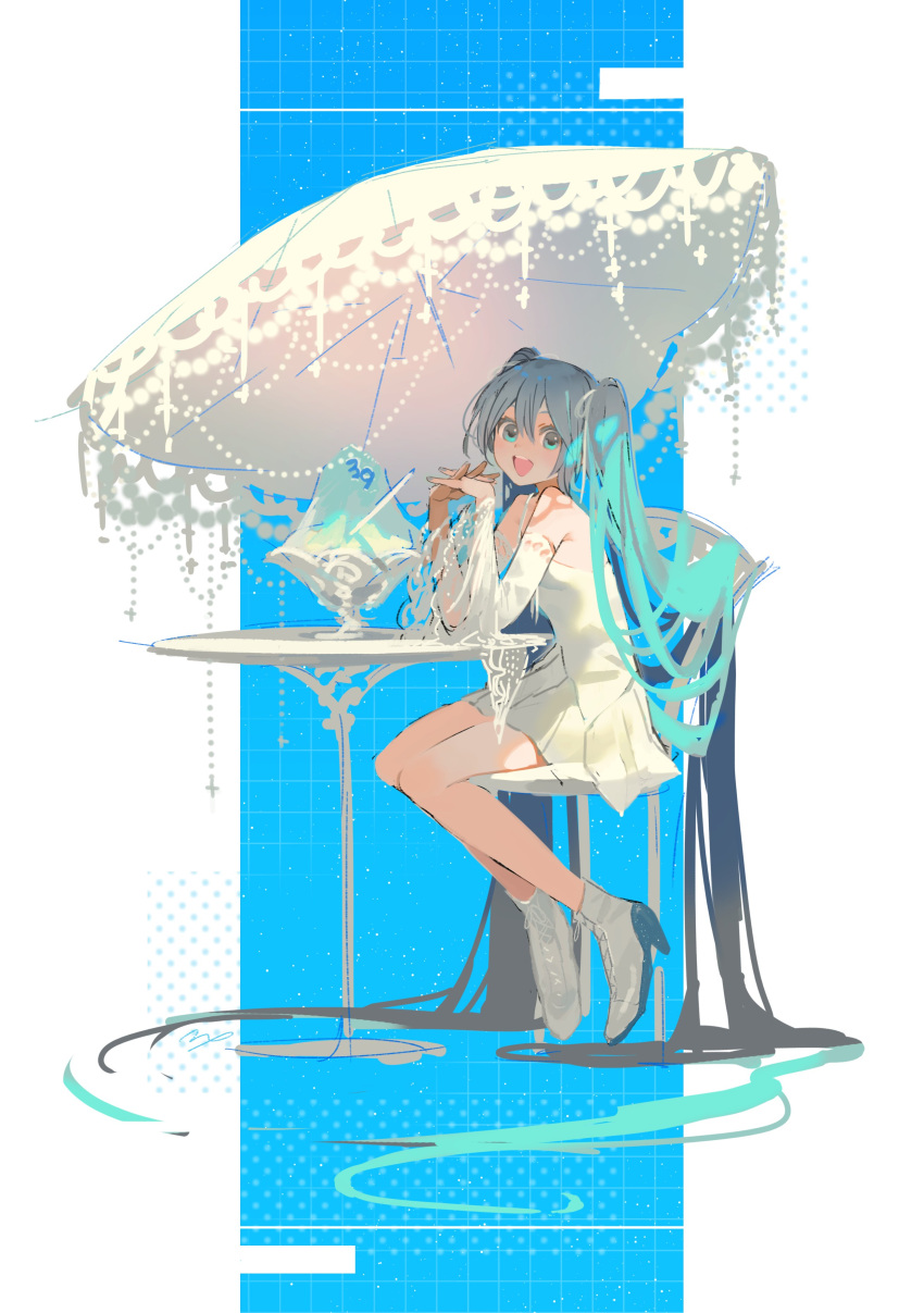 1girl :d absurdres bare_shoulders blue_background blue_eyes blue_hair blush boots dot_nose dress food from_side full_body grid_background hair_between_eyes hatsune_miku high_heel_boots high_heels highres interlocked_fingers knees_together_feet_apart looking_at_viewer maeya_susumu open_mouth pleated_dress shaved_ice short_dress simple_background sitting sleeveless sleeveless_dress smile solo table teeth twintails two-tone_background umbrella upper_teeth_only vocaloid white_background white_dress white_footwear
