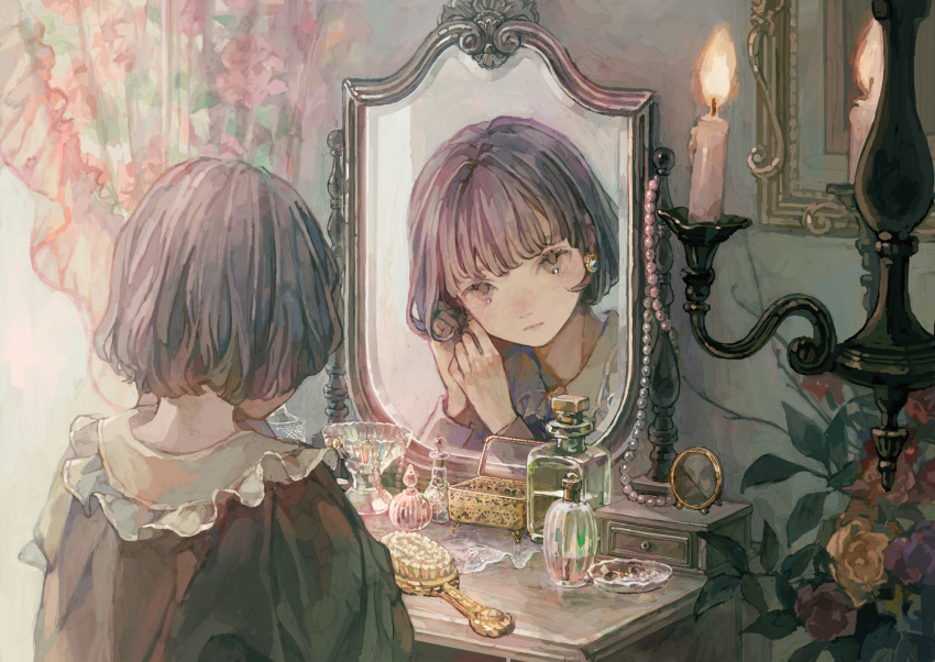 1girl bottle candle collared_dress curtains dress earrings grey_eyes grey_hair hair_brush highres hotatenshi indoors jewelry mirror original perfume_bottle reflection short_hair sitting solo upper_body