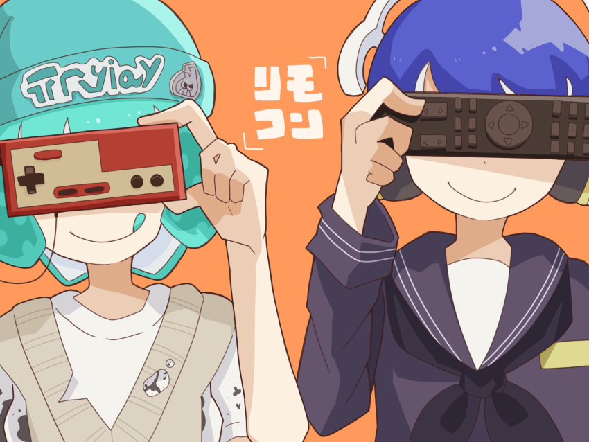 1boy 1girl :q aqua_hair aqua_headwear beanie closed_mouth commentary_request controller covered_eyes hat headphones highres holding holding_controller holding_remote_control inkling inkling_boy inkling_girl inkling_player_character orange_background print_headwear remote_control sailor_collar sailor_shirt shirt short_hair simple_background smile splatoon_(series) splatoon_3 tentacle_hair tonbofree tongue tongue_out white_shirt