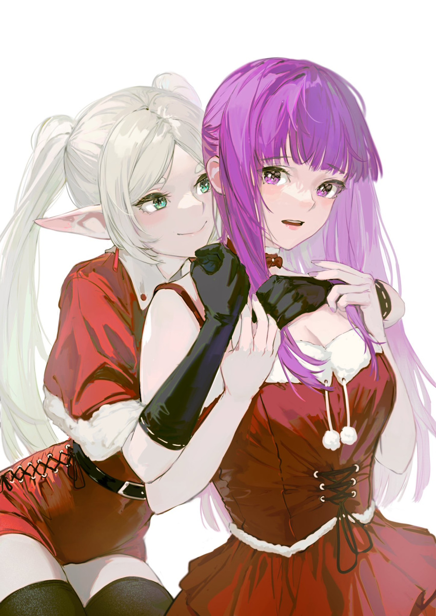 2girls belt black_gloves black_thighhighs blush capelet christmas dress elf fern_(sousou_no_frieren) frieren gloves green_eyes highres hug hug_from_behind long_hair looking_at_another mmi_ryu multiple_girls open_mouth pointy_ears purple_hair red_capelet red_dress red_shorts santa_dress short_shorts shorts simple_background smile sousou_no_frieren thigh-highs twintails violet_eyes white_background white_hair