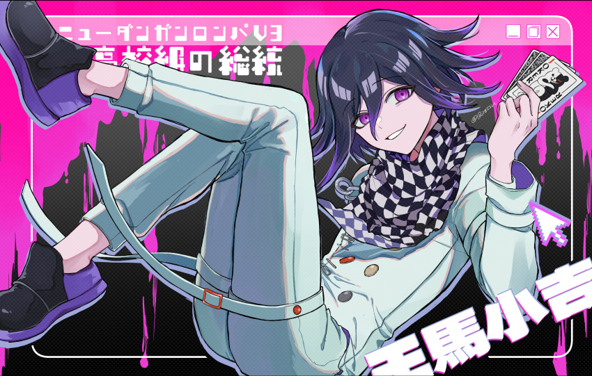 1boy absurdres blood blood_drip buttons card checkered_clothes checkered_scarf cursor danganronpa_(series) danganronpa_v3:_killing_harmony flipped_hair from_side full_body grey_outline hair_between_eyes highres holding holding_card joker_(playing_card) knees_up leg_up looking_at_viewer male_focus oma_kokichi outside_border pink_blood playing_card purple_hair qiretsu scarf short_hair smirk solo straitjacket teeth thigh_strap translation_request twitter_username violet_eyes window_(computing)