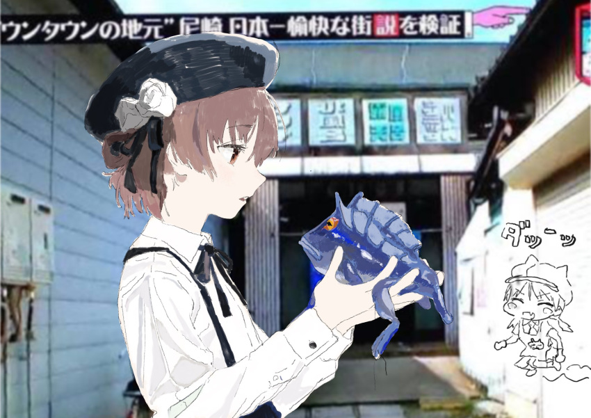 2girls animal beret black_headwear black_ribbon blue_sky blush_stickers brown_eyes brown_hair character_request collared_shirt commentary_request day doodle_inset e_eel expressionless flower from_side hands_up hat hat_flower hat_ribbon hatoba_tsugu highres holding holding_animal long_sleeves looking_at_animal monster_hunter:_world monster_hunter_(series) multiple_girls neck_ribbon open_mouth outdoors photo_background profile ribbon rose running shirt short_hair sky sleeptoad suspenders toad_(animal) tsugu_(vtuber) upper_body virtual_youtuber white_flower white_rose white_shirt