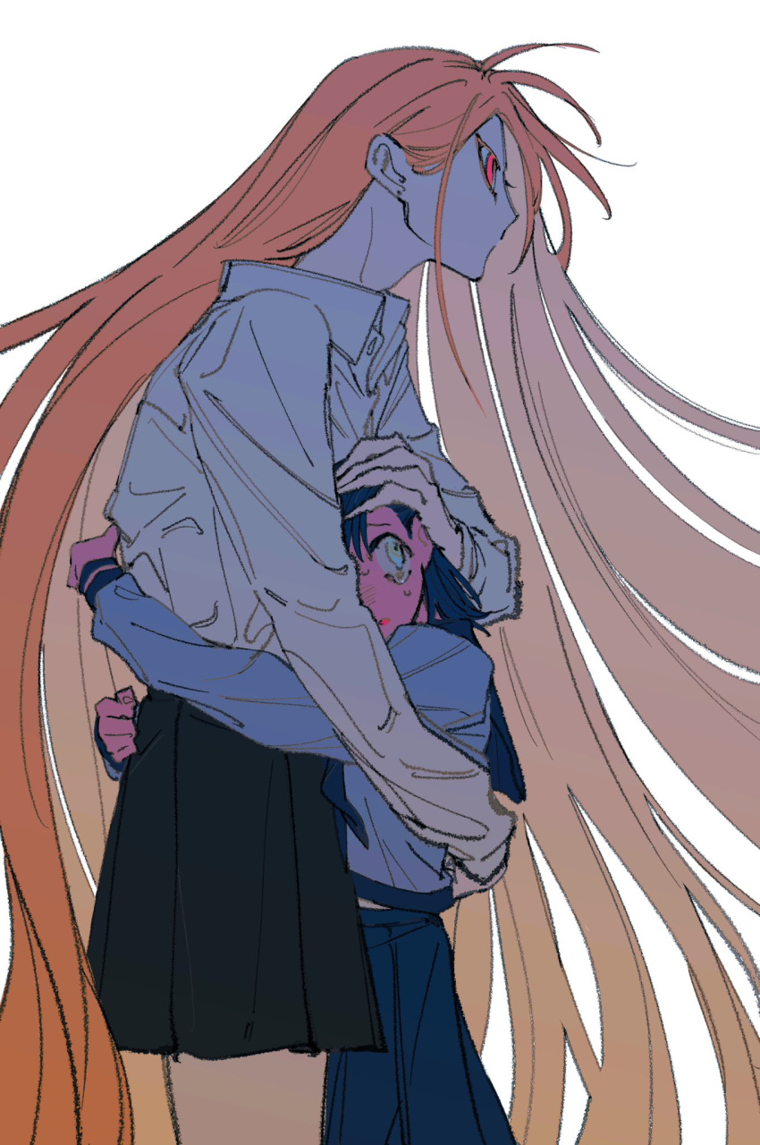 2girls black_skirt blonde_hair blue_eyes blue_hair blue_shirt blush closed_mouth collared_shirt commentary_request earrings fingernails hand_on_another's_back hand_on_another's_head height_difference highres hug jewelry long_fingernails long_hair long_sleeves multiple_girls naotin3333 open_mouth original pleated_skirt red_eyes school_uniform serafuku sharp_fingernails shirt simple_background skirt stud_earrings sweat white_background white_shirt