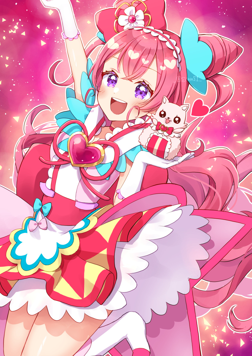 1girl absurdres arm_up back_bow bow brooch commentary cone_hair_bun cure_precious delicious_party_precure double_bun dress frilled_hairband frills gloves hair_bun hairband heart heart_brooch highres huge_bow jewelry jumping kome-kome_(precure) legs_up light_particles long_hair looking_at_viewer magical_girl nagomi_yui open_mouth pink_dress pink_hair precure red_bow short_dress shuu_(mniarnoakou) smile solo twitter_username two_side_up very_long_hair violet_eyes white_gloves