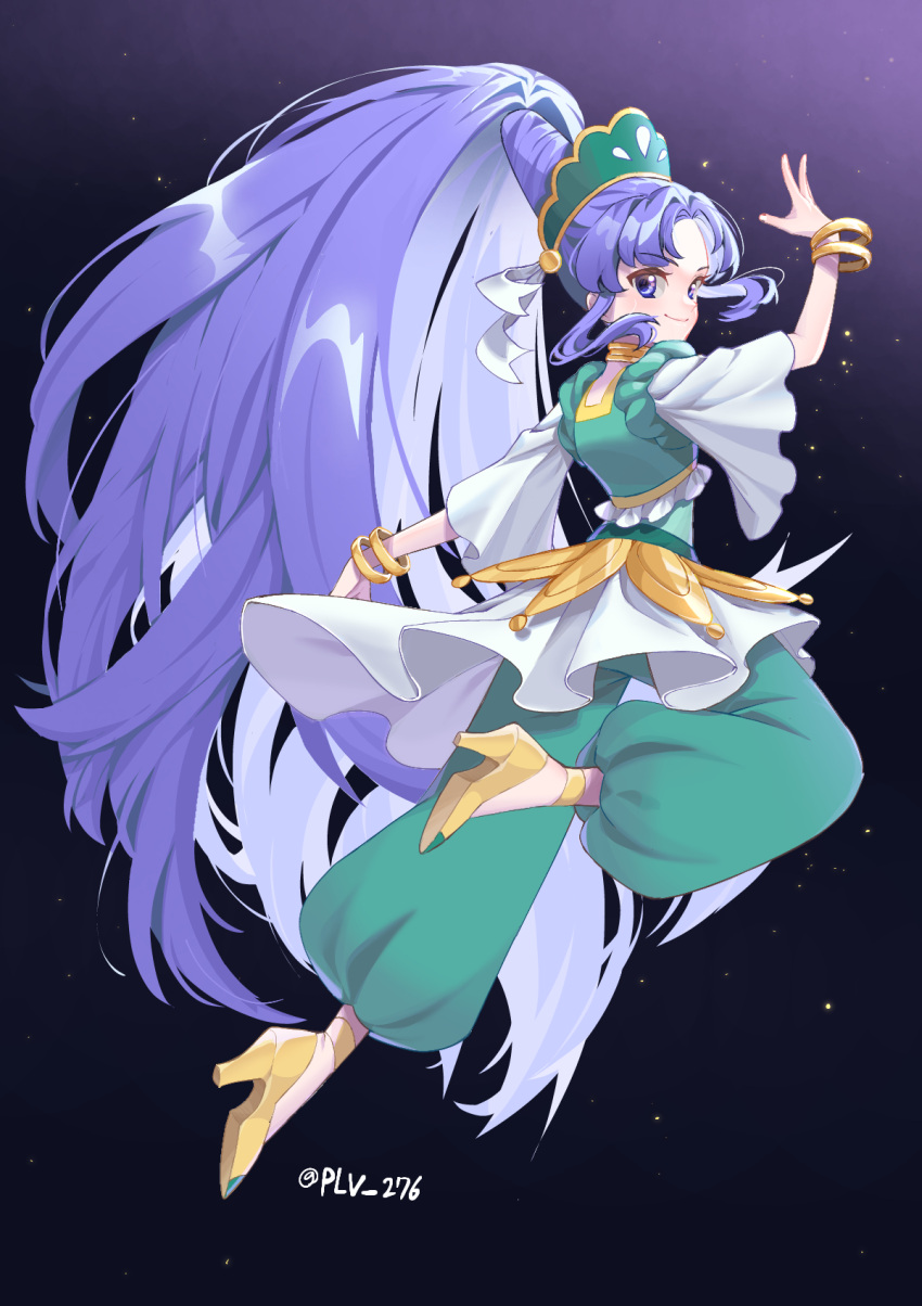 1girl arabian_clothes bracelet choker closed_mouth cure_fortune cure_fortune_(pine_arabian) curtained_hair full_body green_pants hair_bun happinesscharge_precure! high_heels high_ponytail highres hikawa_iona jewelry long_hair looking_at_viewer looking_back magical_girl pants parted_bangs plv_276 precure purple_background purple_hair sidelocks simple_background smile solo twitter_username very_long_hair violet_eyes yellow_choker yellow_footwear