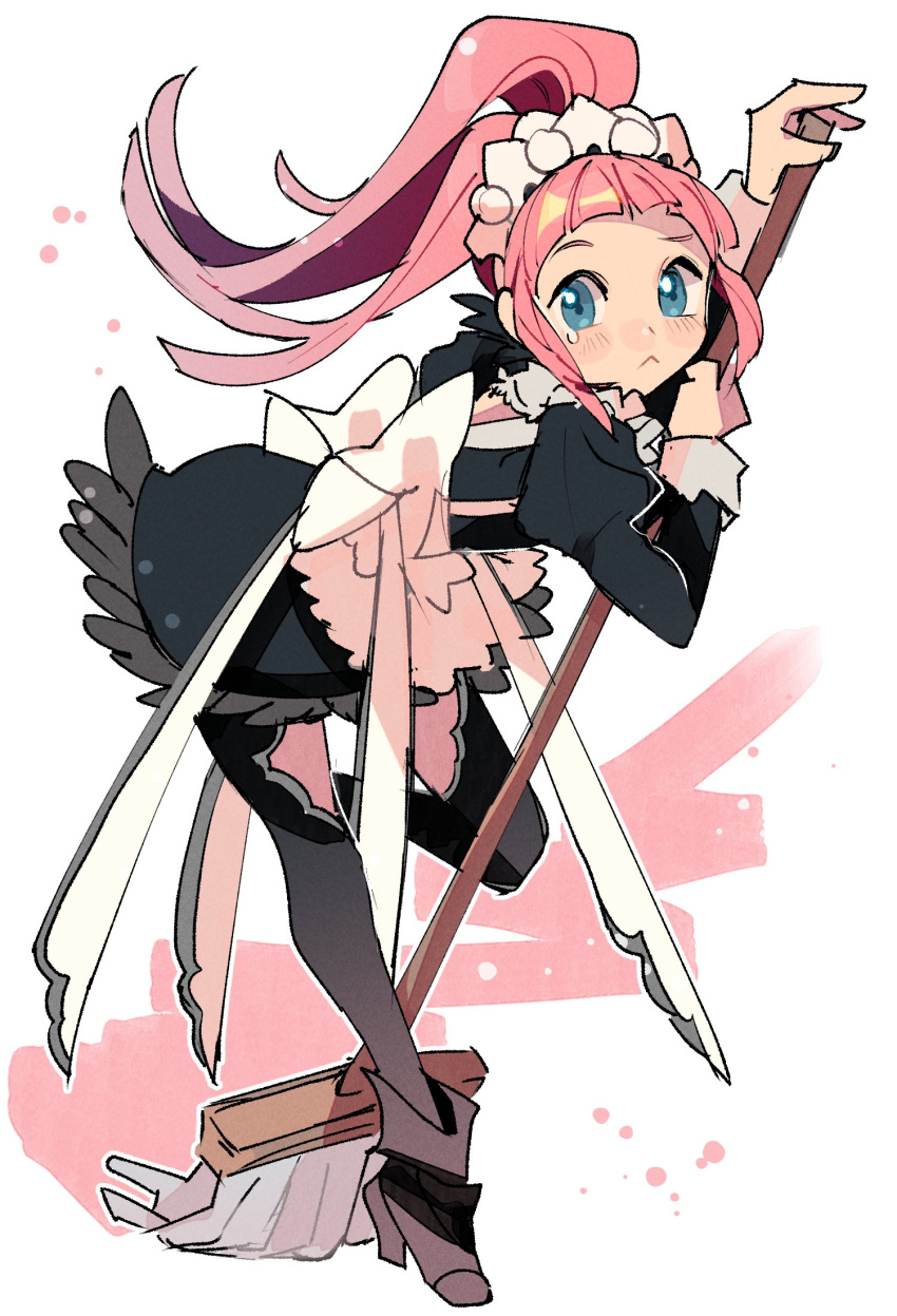 1girl :&lt; apron black_dress black_footwear black_thighhighs blue_eyes blunt_bangs blush broom commentary_request dress feather_trim felicia_(fire_emblem) fire_emblem fire_emblem_fates floating_hair full_body high_heels highres holding holding_broom juliet_sleeves kurimori long_hair long_sleeves looking_at_viewer maid maid_headdress pink_hair ponytail puffy_sleeves shoes sidelocks simple_background solo standing standing_on_one_leg straight_hair tearing_up thigh-highs waist_apron white_apron
