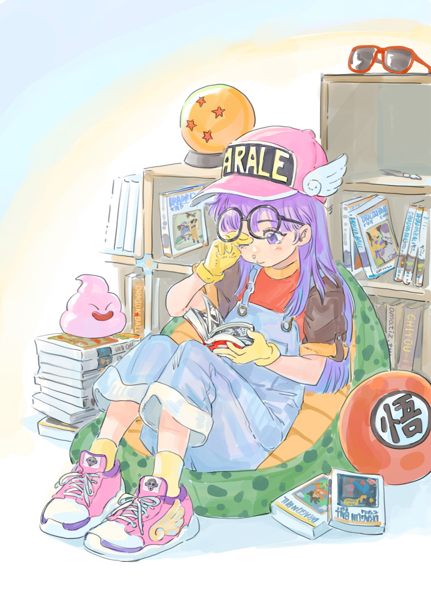 1girl amatiz ankle_socks baseball_cap bean_bag_chair black-framed_eyewear blue_overalls blunt_bangs brown_shirt cabinet cell_(dragon_ball) character_name closed_mouth clothes_writing commentary copyright_name creator_connection crossover cushion denim_overalls dr._slump dragon_ball dragon_ball_(object) dragon_ball_z dragon_quest eyelashes fat_buu frieza full_body gloves hair_behind_ear hat highres holding holding_manga light_blush long_hair majin_buu manga_(object) nib_pen_(object) norimaki_arale one_eye_closed overalls pen pile_of_books pink_footwear pink_headwear purple_hair raglan_sleeves reading red-framed_eyewear red_shirt rubbing_eyes runny_nose shirt shoelaces shoes sitting slime_(dragon_quest) sneakers snot socks solo son_goku straight_hair sunglasses tareme tearing_up toriyama_akira_(character) two-tone_shirt violet_eyes winged_footwear winged_hat yellow_gloves yellow_socks