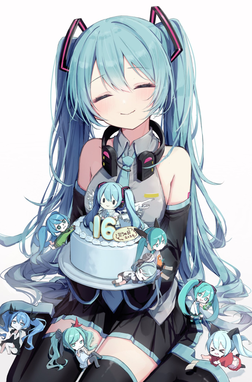 1girl armpit_crease bad_end_night_(vocaloid) bare_shoulders birthday_cake black_footwear black_skirt blue_hair blue_necktie blush boots cake character_doll closed_eyes closed_mouth collarbone collared_shirt facing_viewer food fusuma_(ramunezake) grey_shirt hair_between_eyes hair_ornament hatsune_miku hatsune_miku_happy_16th_birthday_-dear_creators- head_tilt headphones headphones_around_neck highres holding holding_tray long_hair matryoshka_(vocaloid) miniskirt necktie odds_&amp;_ends_(vocaloid) pleated_skirt poppippoo_(vocaloid) shinkai_shoujo_(vocaloid) shirt simple_background sitting skirt sleeveless sleeveless_shirt smile solo thigh_boots tray twintails ura-omote_lovers_(vocaloid) very_long_hair vocaloid wariza white_background world_is_mine_(vocaloid) zettai_ryouiki