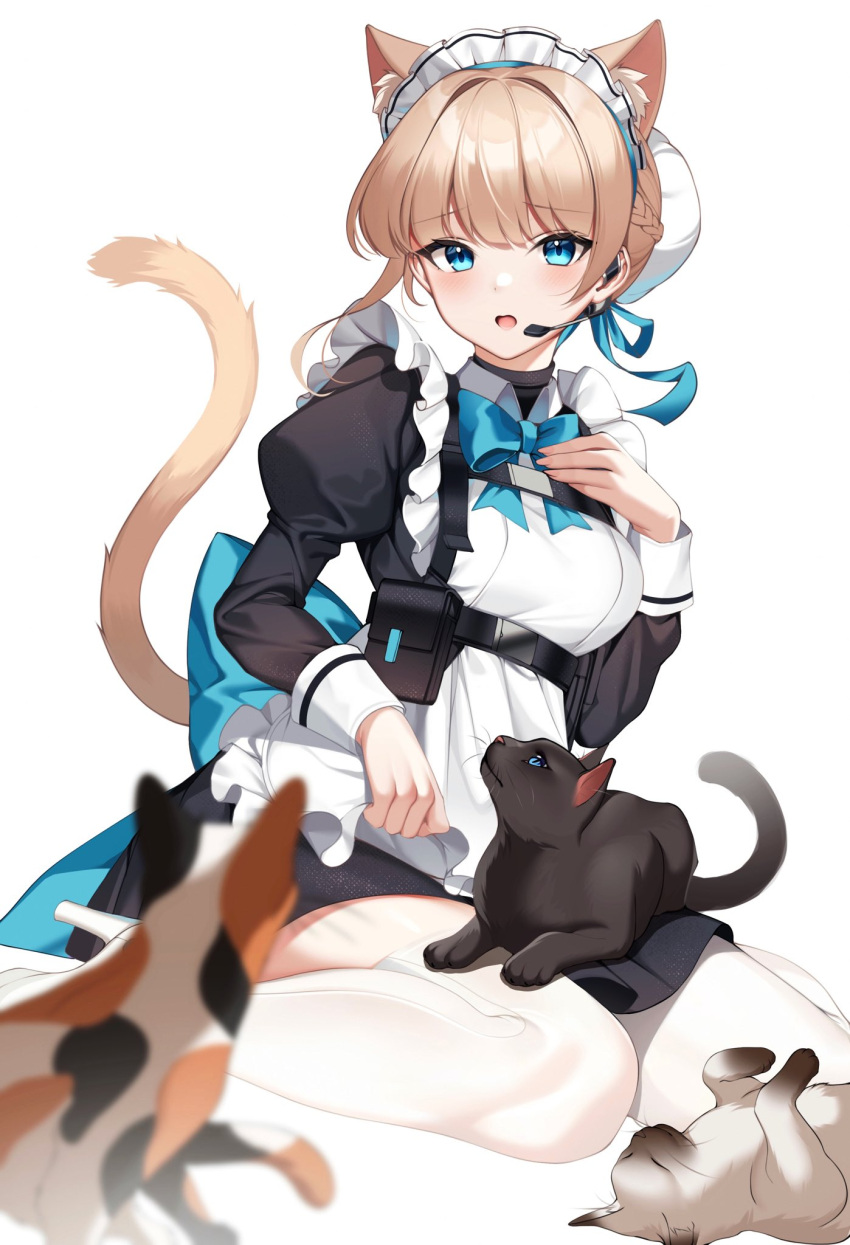 1girl adjusting_apron animal_ear_fluff animal_ears animal_on_lap apron black_cat black_dress blonde_hair blue_archive blue_bow blue_bowtie blue_eyes blue_ribbon bow bowtie breasts bun_cover calico cat cat_ears cat_girl cat_tail dress earpiece framed_breasts frilled_apron frills hand_on_own_chest hand_up high_heels highres kemonomimi_mode kiyochii long_sleeves looking_at_viewer maid maid_apron maid_headdress medium_breasts on_lap open_mouth ribbon simple_background sitting solo tail tail_raised thigh-highs toki_(blue_archive) wariza white_apron white_background white_footwear white_thighhighs