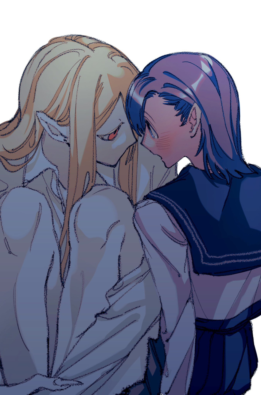 2girls blonde_hair blue_eyes blue_sailor_collar blue_skirt blush collared_shirt commentary_request eye_contact fingernails forehead-to-forehead heads_together highres hugging_own_legs long_hair looking_at_another medium_hair multiple_girls naotin3333 open_mouth original purple_hair red_eyes sailor_collar school_uniform serafuku shirt shirt_tucked_in simple_background skirt white_background white_shirt yuri