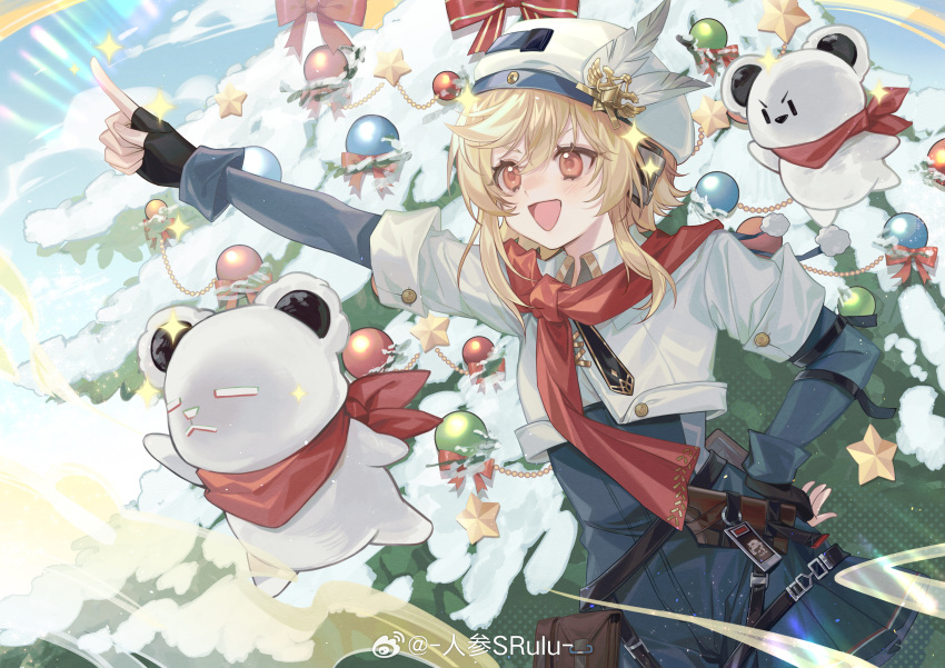 1girl :d absurdres bear belt_pouch beret black_gloves blonde_hair blue_background blue_jumpsuit christmas_ornaments christmas_tree clouds cowboy_shot fingerless_gloves girls'_frontline_2:_exilium girls_frontline gloves hand_on_own_hip hat hat_feather highres index_finger_raised jacket jumpsuit layered_sleeves long_sleeves looking_afar medium_hair nagant_revolver_(girls'_frontline) outstretched_arm pointing pointing_up pouch red_eyes red_scarf renshen_srulu scarf short_over_long_sleeves short_sleeves smile solo sparkle weibo_logo weibo_username white_headwear white_jacket