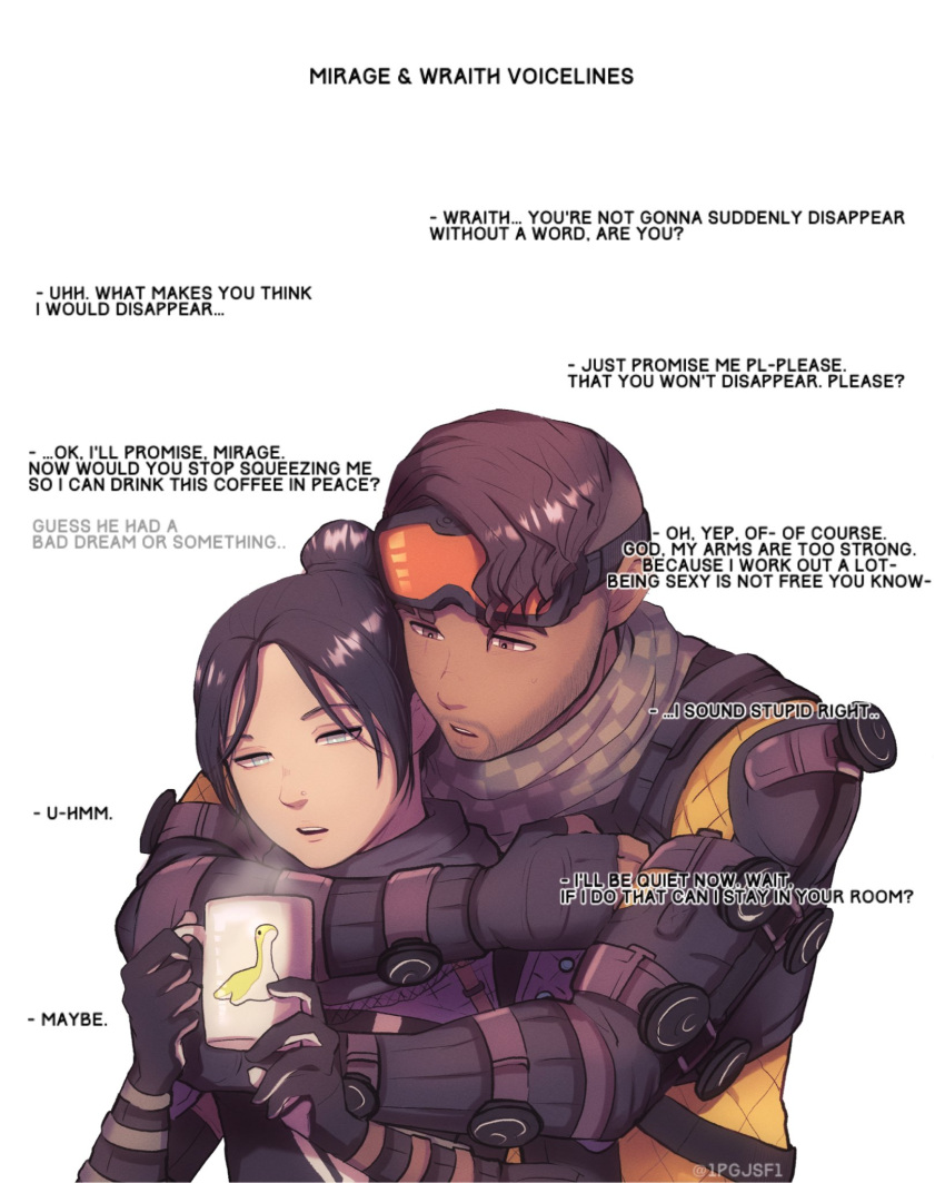 1boy 1girl apex_legends black_bodysuit black_gloves blue_eyes bodysuit brown_eyes brown_hair checkered_clothes checkered_scarf cup dark-skinned_male dark_skin english_commentary english_text facial_hair gloves goatee goggles goggles_on_head green_scarf hair_bun hetero highres holding holding_cup hug hug_from_behind looking_at_viewer mirage_(apex_legends) mug nessie_(respawn) orange_bodysuit parted_bangs parted_lips pipa_(1pgjsf1) scarf single_hair_bun steam upper_body white_background wraith_(apex_legends)